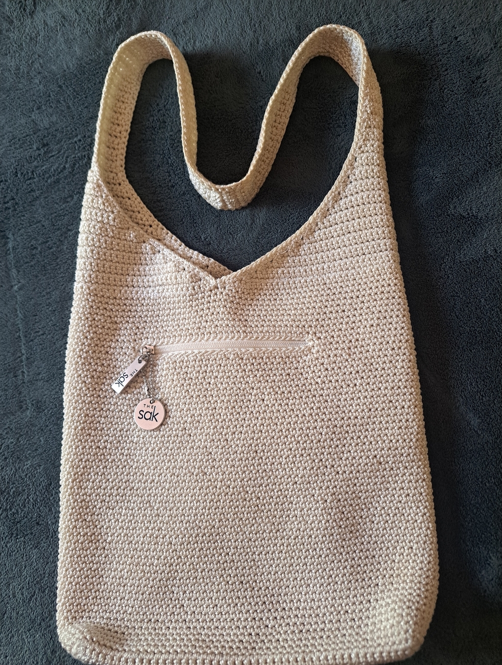 The Sak Beige Crochet Shoulder Bag with Front Zip